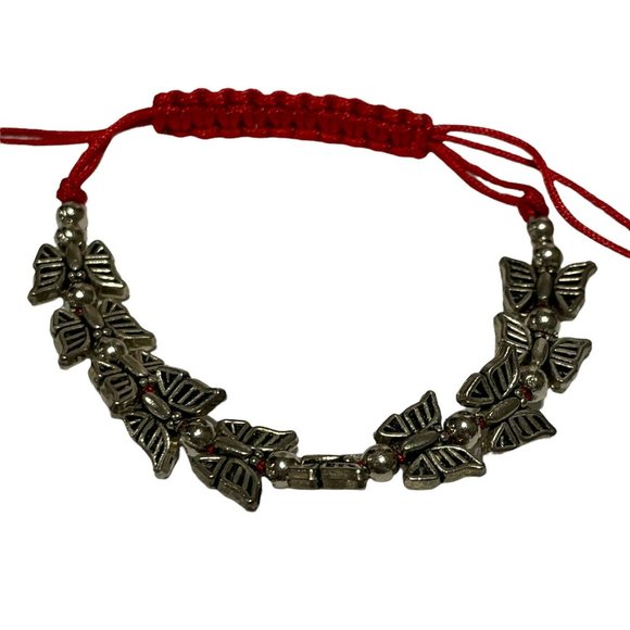 silver tone butterfly Bead red string adjustable bracelet  Anklet - Picture 1 of 6